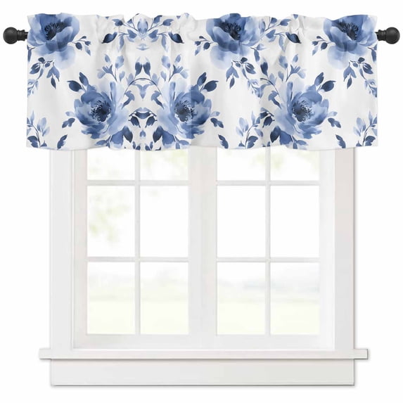 Window Treatment Valance Curtain, Spring Flowers Watercolor Blue Pastoral Style Shade Short Curtain for Kitchen Bathroom Living Room Bedroom Privacy Rod Pocket Drapes 54" W x 18" L 1 Panel
