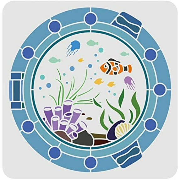 Window of The Underwater World Stencil 11.8x11.8inch Underwater Creatures Stencil Sea Creatures Stencil for Painting on Wood Tile Paper Fabric Floor Wall