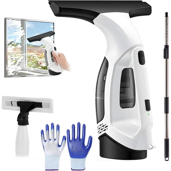 Window Vacuum Squeegee Cordless, Electric Window Cleaner Squeegee with 2000Pa Suction, Rechargeable Window Vacuum Cleaner Tool with 150ml Water Tank for Shower, Car Windows (Telescopic Pole)