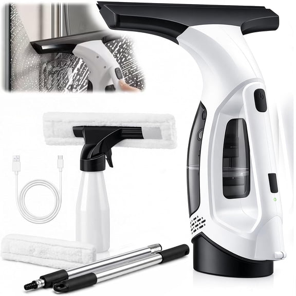 Window Vacuum Squeegee Cordless, Electric Window Cleaner Tool with Suction, Rechargeable Battery, 150mL Detachable Tank, Telescopic Pole for Glass Doors, High Window, Tile, Car