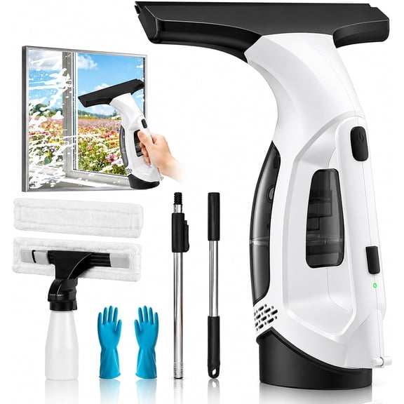 Window Vacuum Squeegee Cordless, Window Vacuum Cleaner with 2000Pa Streak-Free Suction, 3040" Extension Pole, 11-Inch Cleaner Tool for High Windows, Shower Glass, Tiles & Mirrors