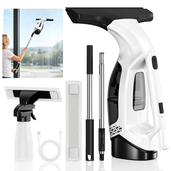 Window Vacuum Squeegee with Extendable Pole, 2000Pa Electric Window Cleaner Tool with 2200mAh & 150ml Water Collection Tank, Long Handle Squeegee for Shower Glass, Window Cleaning