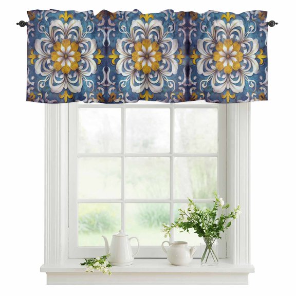 Window Valance Abstract Flowers Rod Pocket Kitchen Valance Curtain Vintage Geometric Floral Short Curtain Topper for Bathroom, Bedroom and Living Room Decor 42x12in