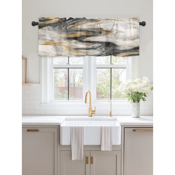 Window Valance Abstract Modern Marble Agate Kitchen Curtains Short Rod Pocket Valances White Gray Gold Stone Texture Window Treatment Drapes for Living Room Bedroom Bathroom Decor,54x18in