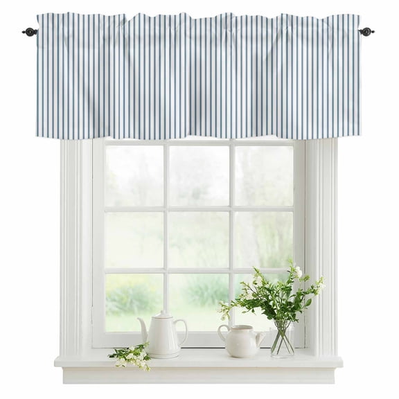 Window Valance Blue and White Stripe Pattern Rod Pocket Kitchen Valance Curtain Simple Style Short Curtain Topper for Bathroom, Bedroom and Living Room Decor 42x12in