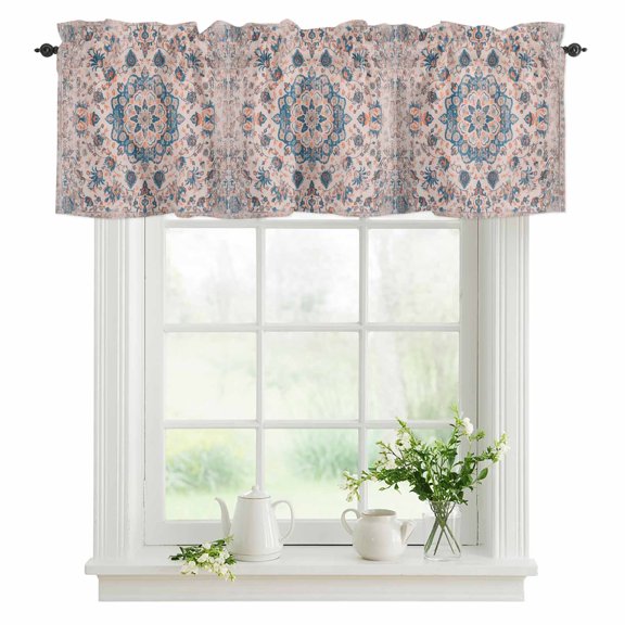 Window Valance Boho Tribal Rod Pocket Kitchen Valance Curtain Floral Ethnic Short Curtain Topper for Bathroom, Bedroom and Living Room Decor 42x18in