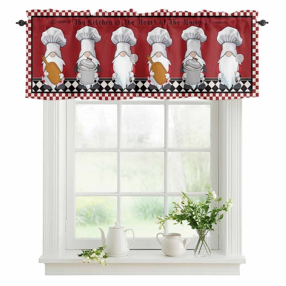 Window Valance Chef Gnome Farmhouse Red Rod Pocket Kitchen Valance Curtain Black White Buffalo Checked Short Curtain Topper for Bathroom, Bedroom and Living Room Decor 42x12in