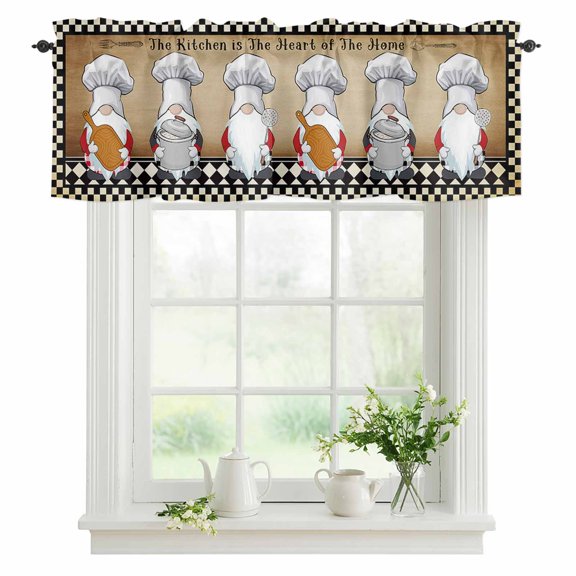 Window Valance Chef Gnome Farmhouse Rod Pocket Kitchen Valance Curtain Black White Checked Short Curtain Topper for Bathroom, Bedroom and Living Room Decor 42x12in