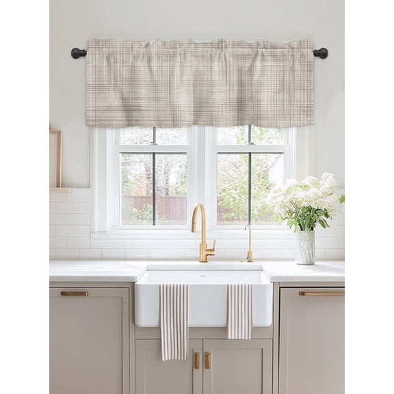 Window Valance Farm Rustic Burlap Linen Texture Kitchen Curtains Short Rod Pocket Valances Vintage Lattice Lines Stripe Window Treatment Drapes for Living Room Bedroom Bathroom Decor,54x18in