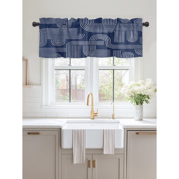 Window Valance Geometric Stripe Arch on Navy Blue Kitchen Curtains Short Rod Pocket Valances Modern Nautical Line Art Window Treatment Drapes for Living Room Bedroom Bathroom Decor,54x18in