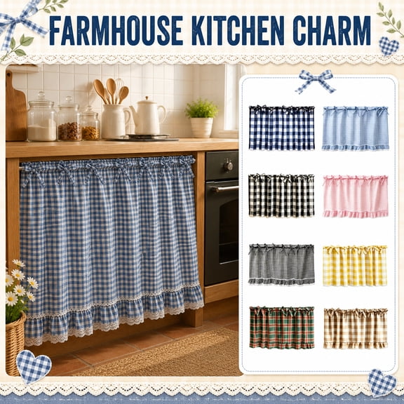 Window Valance, Handmade Buffalo Plaid Kitchen Oven Curtain, Tie Bow Decor Hidden Dishwasher Appliance Cover Curtain, Ruffled Lace Trim Short Cafe Curtain, 30X22 Inch Rustic