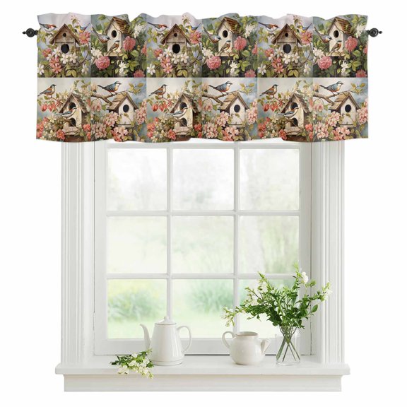 Window Valance Hummingbird Magpie Rod Pocket Kitchen Valance Curtain Bird's Nest Spring Flowers Branch Short Curtain Topper for Bathroom, Bedroom and Living Room Decor 42x12in