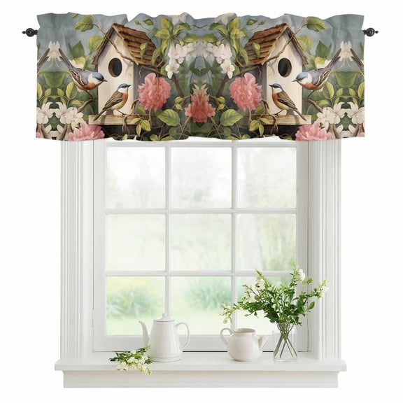 Window Valance Hummingbird Magpie Rod Pocket Kitchen Valance Curtain Spring Begonia Flower Branch Bird Short Curtain Topper for Bathroom, Bedroom and Living Room Decor 42x12in