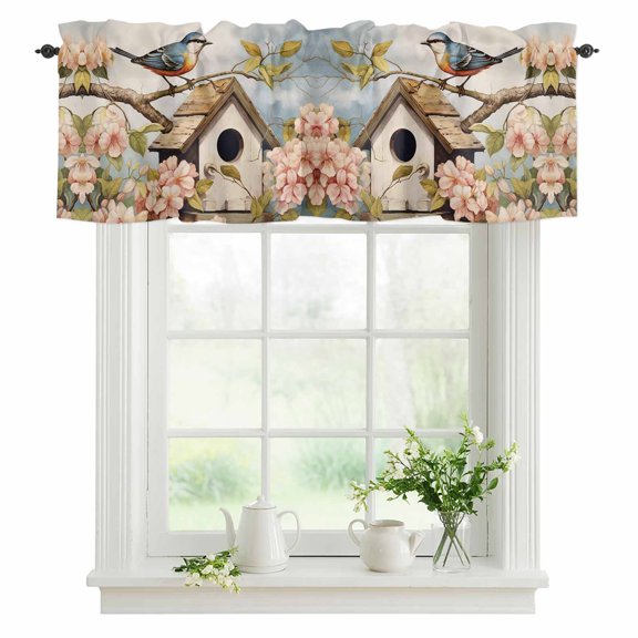 Window Valance Hummingbird Magpie Rod Pocket Kitchen Valance Curtain Spring Rhododendron Flower Branch Short Curtain Topper for Bathroom, Bedroom and Living Room Decor 42x18in