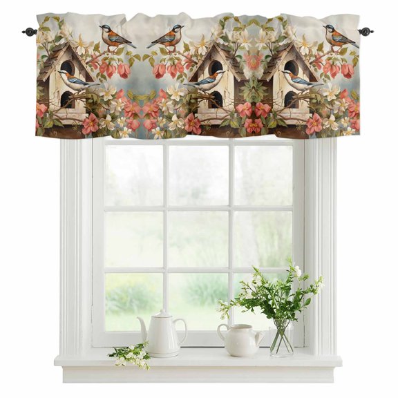 Window Valance Hummingbird Magpie Rod Pocket Kitchen Valance Curtain Wood Bird's Nest Spring Flower Short Curtain Topper for Bathroom, Bedroom and Living Room Decor 42x18in