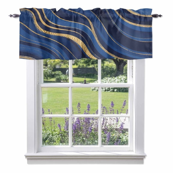 Window Valance for Kitchen, Abstracts Yellow Blue Lines Rod Pocket Curtain Valances Short Curtains Drapes Panel, Marble Texture Pattern Window Treatment Topper for Bathroom Bedroom 42x12in