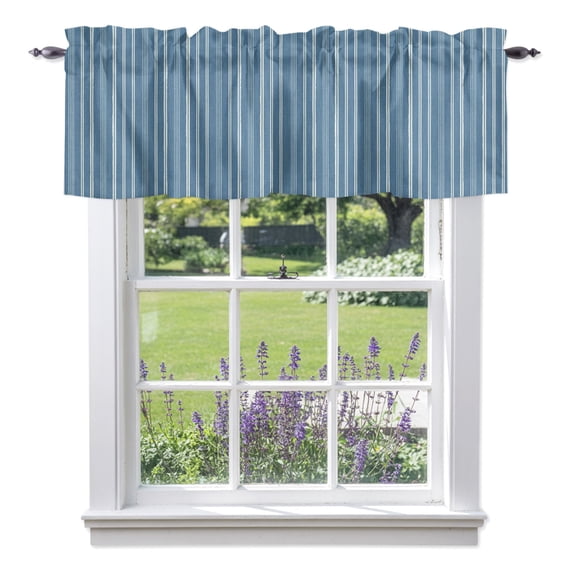 Window Valance for Kitchen, Blue White Vertical Stripes Rod Pocket Curtain Valances Short Curtains Drapes Panel, Pinstripe Pattern Window Treatment Topper for Living Room Bathroom Bedroom 42x12in