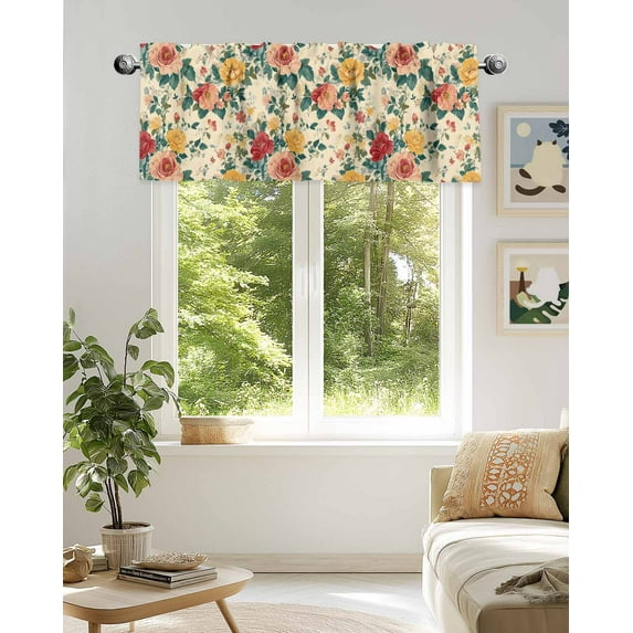 Window Valance for Kitchen, Classic Flower Spring Watercolor Floral Rod Pocket Curtain Valances Short Curtains Drapes Panel, Vintage Leaves Plant Window Treatment Topper for Bathroom Bedroom 42x18in