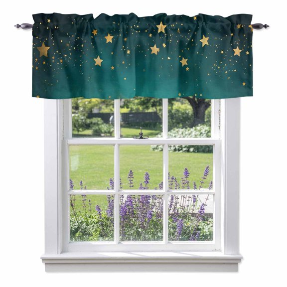 Window Valance for Kitchen, Dream Yellow Star on Teal Blue Rod Pocket Curtain Valances Short Curtains Drapes Panel, Night Starry Sky Window Treatment Topper for Living Room Bathroom Bedroom 42x12in