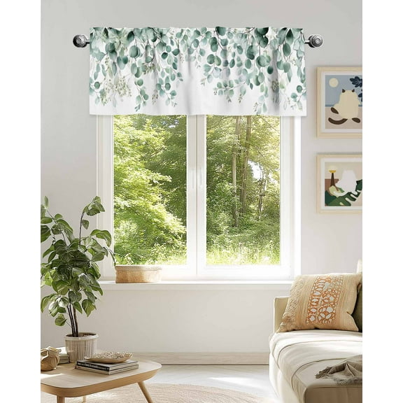 Window Valance for Kitchen, Eucalyptus Leaves Green Gradient Rod Pocket Curtain Valances Short Curtains Drapes Panel, Farm Foliage on White Window Treatment Topper for Bathroom Bedroom 42x18in