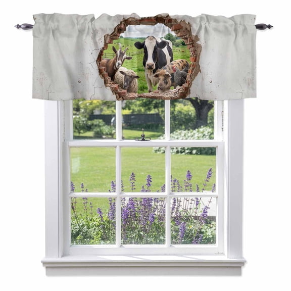 Window Valance for Kitchen, Farm Cows Goats Pigs Chicken Rod Pocket Curtain Valances Short Curtains Drapes Panel, Summer Pastoral Meadow Window Treatment Topper for Bathroom Bedroom 42x12in