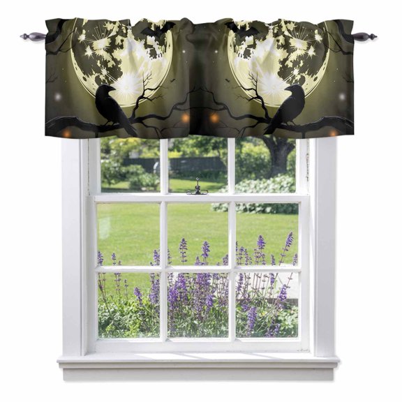 Window Valance for Kitchen, Halloween Crow Moon Rod Pocket Curtain Valances Short Curtains Drapes Panel, Vintage Horror Bat Window Treatment Topper for Living Room Bathroom Bedroom Home Decor 42x12in