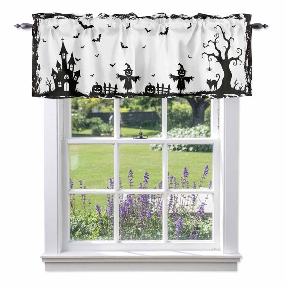 Window Valance for Kitchen, Halloween Haunted House Bat Rod Pocket Curtain Valances Short Curtains Drapes Panel, Black Cat Bats Dead Tree Window Treatment Topper for Bathroom Bedroom 42x12in