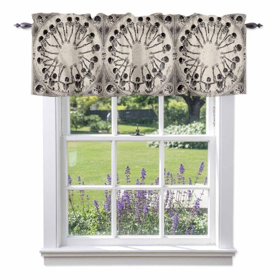 Window Valance for Kitchen, Halloween Seamless Skull Skeleton Rod Pocket Curtain Valances Short Curtains Drapes Panel, Scary Human Bone on Burlap Window Treatment Topper for Bathroom Bedroom 42x12in
