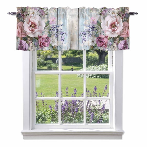Window Valance for Kitchen, Lavender Rose Pastoral Wildflower Board Rod Pocket Short Curtain for Small Windows, Light Filtering Decorative Valance, 56 x 16 Inch, 1 Panel