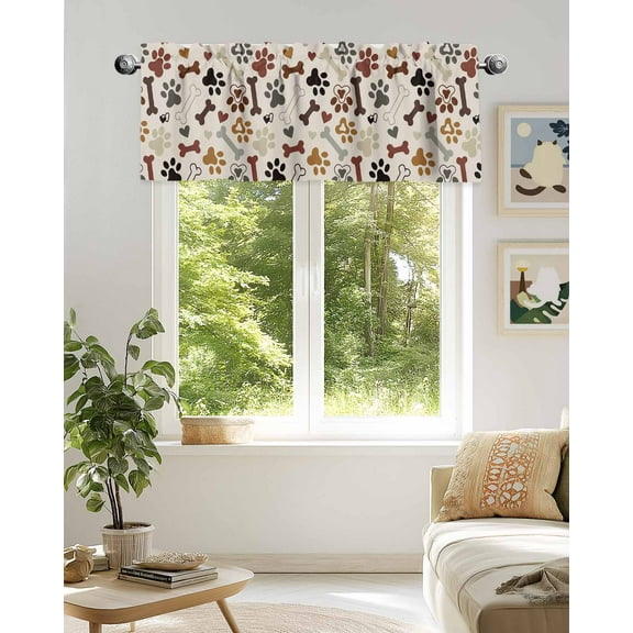 Window Valance for Kitchen, Love Bone Dog Paw Print Rod Pocket Curtain Valances Short Curtains Drapes Panel, Animal Footprints Seamless Window Treatment Topper for Bathroom Bedroom 42x18in