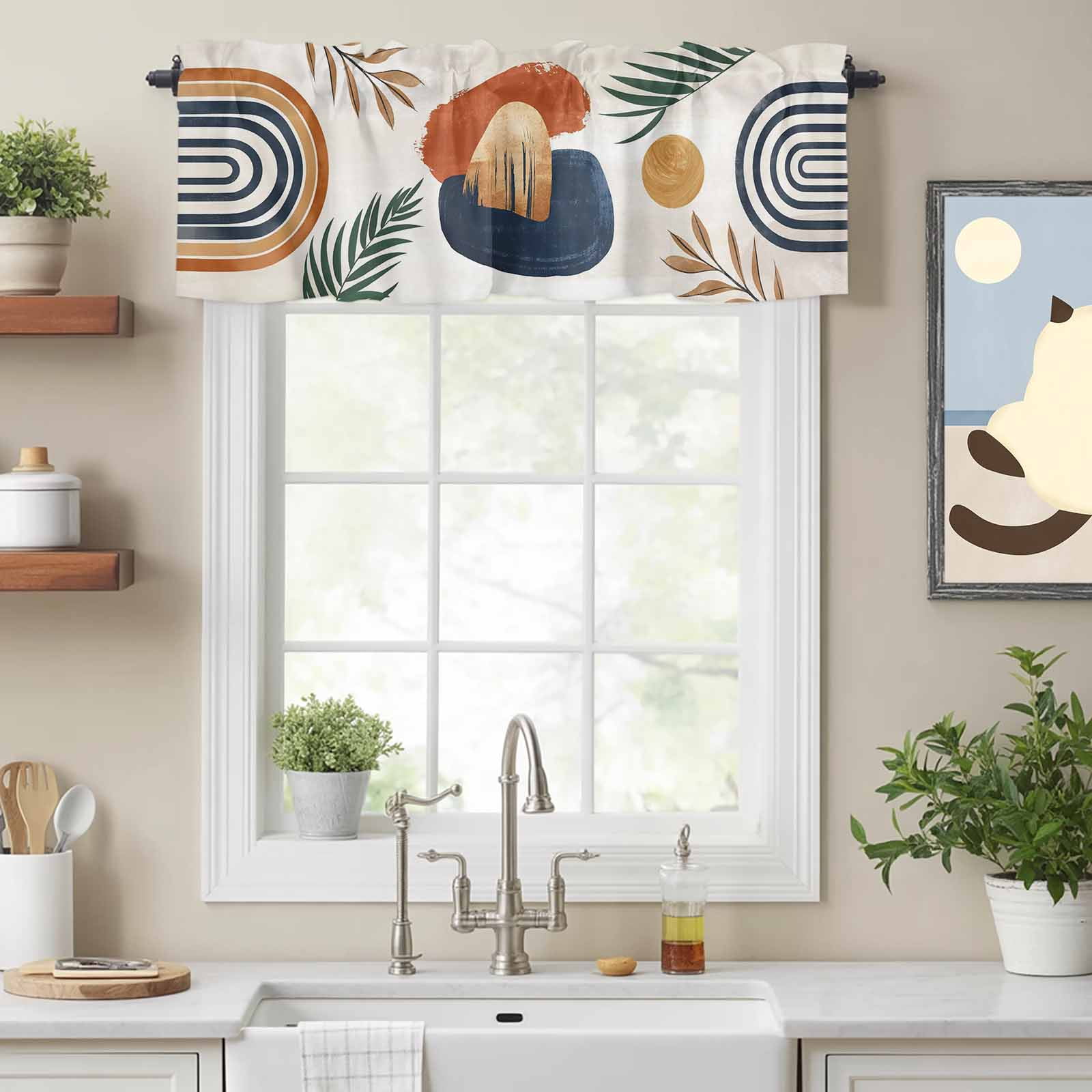 Window Valance for Kitchen,Mid Century Abstract Geometric Tropical Leaf ...