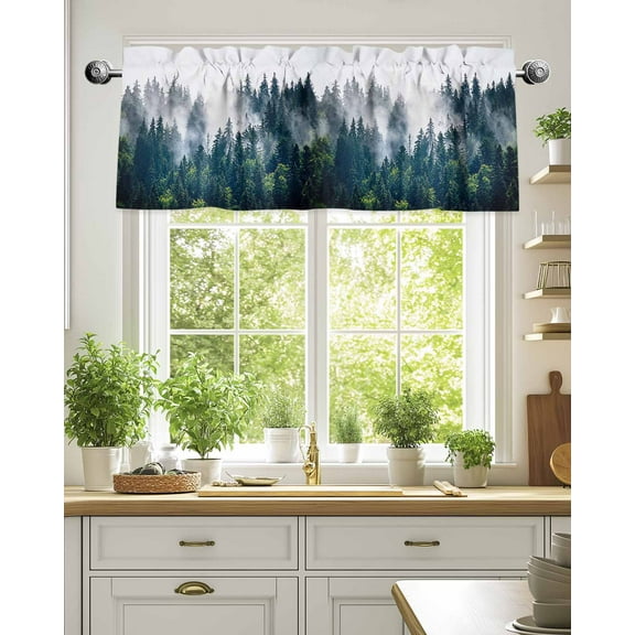 Window Valance for Kitchen, Misty Forest Green Tree Rod Pocket Curtain Valances Short Curtains Drapes Panel, Natural Scenery Window Treatment Topper for Living Room Bathroom Bedroom 60x18in