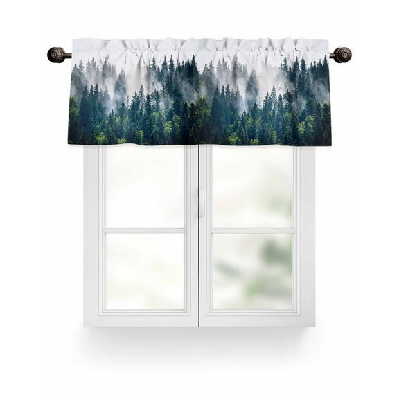 Window Valance for Kitchen, Misty Forest Green Tree Rod Pocket Curtain Valances Short Curtains Drapes Panel, Natural Scenery Window Treatment Topper for Living Room Bathroom Bedroom 42x12in