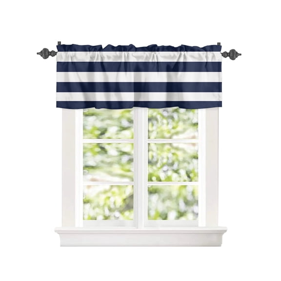 Window Valance for Kitchen,Nautical Navy Blue Stripes on White Rod Pocket Curtain Valances Short Curtains Drapes Panel,Simple Lines Window Treatment Topper for Bedroom,60x18IN
