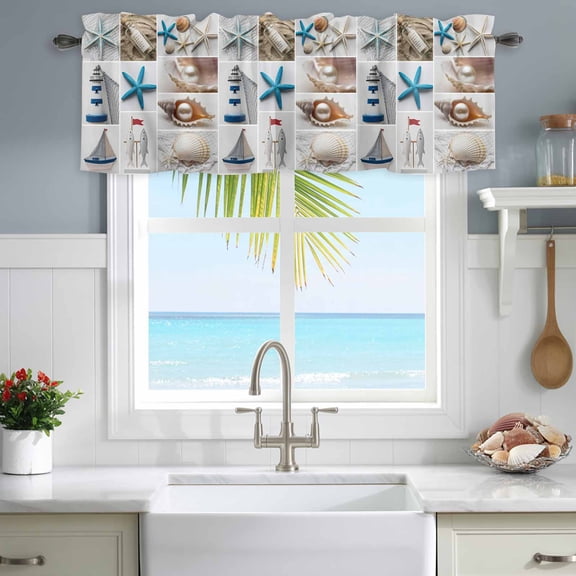 Window Valance for Kitchen,Nautical Ocean Starfish Seashell Patchwork Rod Pocket Curtain Valances Short Curtains Drapes Panel,Beach Theme Window Treatment Topper for Living Room Bathroom Bedroom Home