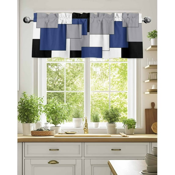 Window Valance for Kitchen, Navy Blue Color Block Rod Pocket Curtain Valances Short Curtains Drapes Panel, Grey Plaid Abstract Geometric Window Treatment Topper for Bathroom Bedroom 54x18in