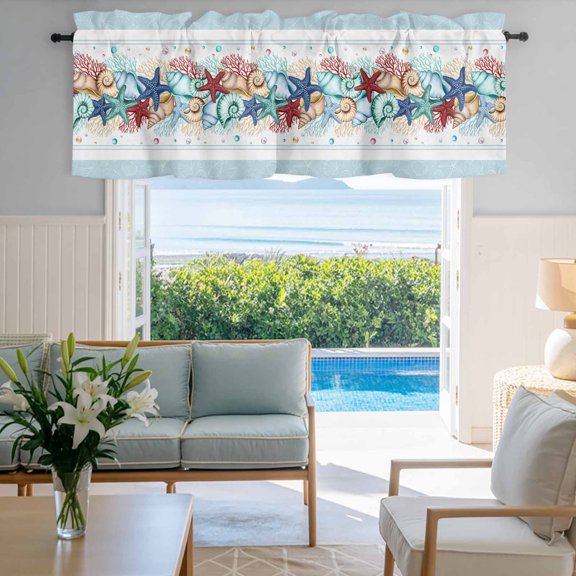 Window Valance for Kitchen,Ocean Life Starfish Shell Rod Pocket Curtain Valances Short Curtains Drapes Panel,Underwater Marine Coral Pearl Window Treatment Topper for Living Room Bathroom Bedroom