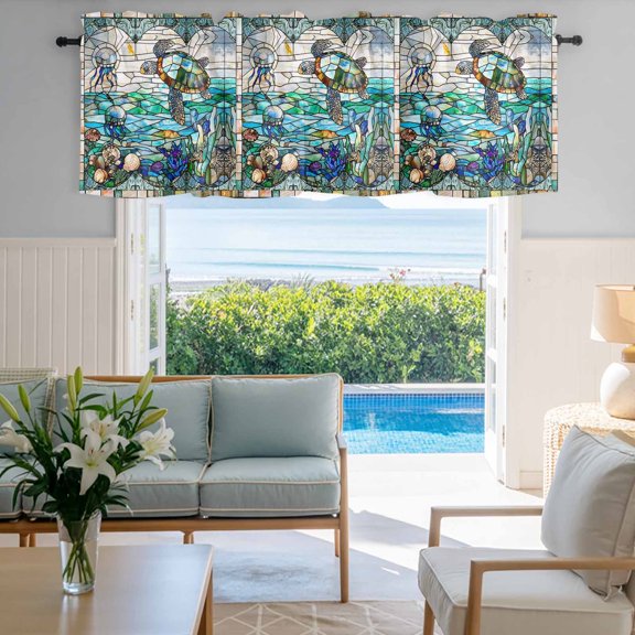 Window Valance for Kitchen,Ocean Sea Turtle Coral Underwater World Rod Pocket Curtain Valances Short Curtains Drapes Panel,Vintage Window Grilles Window Treatment Topper for Living Room Bathroom