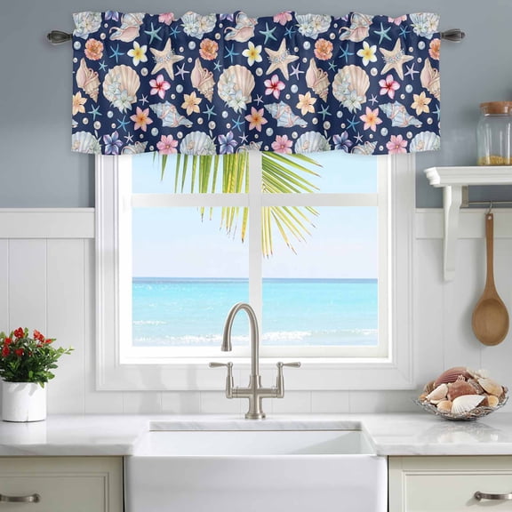 Window Valance for Kitchen,Ocean Starfish Shell Conch Pearl Rod Pocket Curtain Valances Short Curtains Drapes Panel,Summer Navy Blue Back Window Treatment Topper for Living Room Bathroom Bedroom