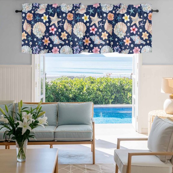 Window Valance for Kitchen,Ocean Starfish Shell Conch Pearl Rod Pocket Curtain Valances Short Curtains Drapes Panel,Summer Navy Blue Back Window Treatment Topper for Living Room Bathroom Bedroom