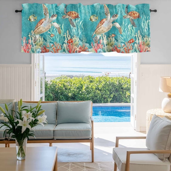 Window Valance for Kitchen,Ocean Turtle Fish Colorful Coral Rod Pocket Curtain Valances Short Curtains Drapes Panel,Teal Sea Water Window Treatment Topper for Living Room Bathroom Bedroom Home Decor