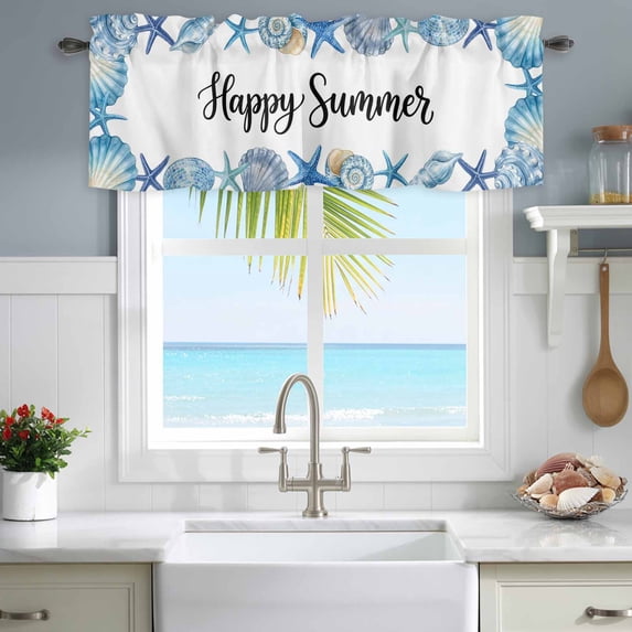 Window Valance for Kitchen,Oceans Blue Shells Sea Stars Rod Pocket Curtain Valances Short Curtains Drapes Panel,Hello Summer Marine Life Window Treatment Topper for Living Room Bathroom Bedroom Home