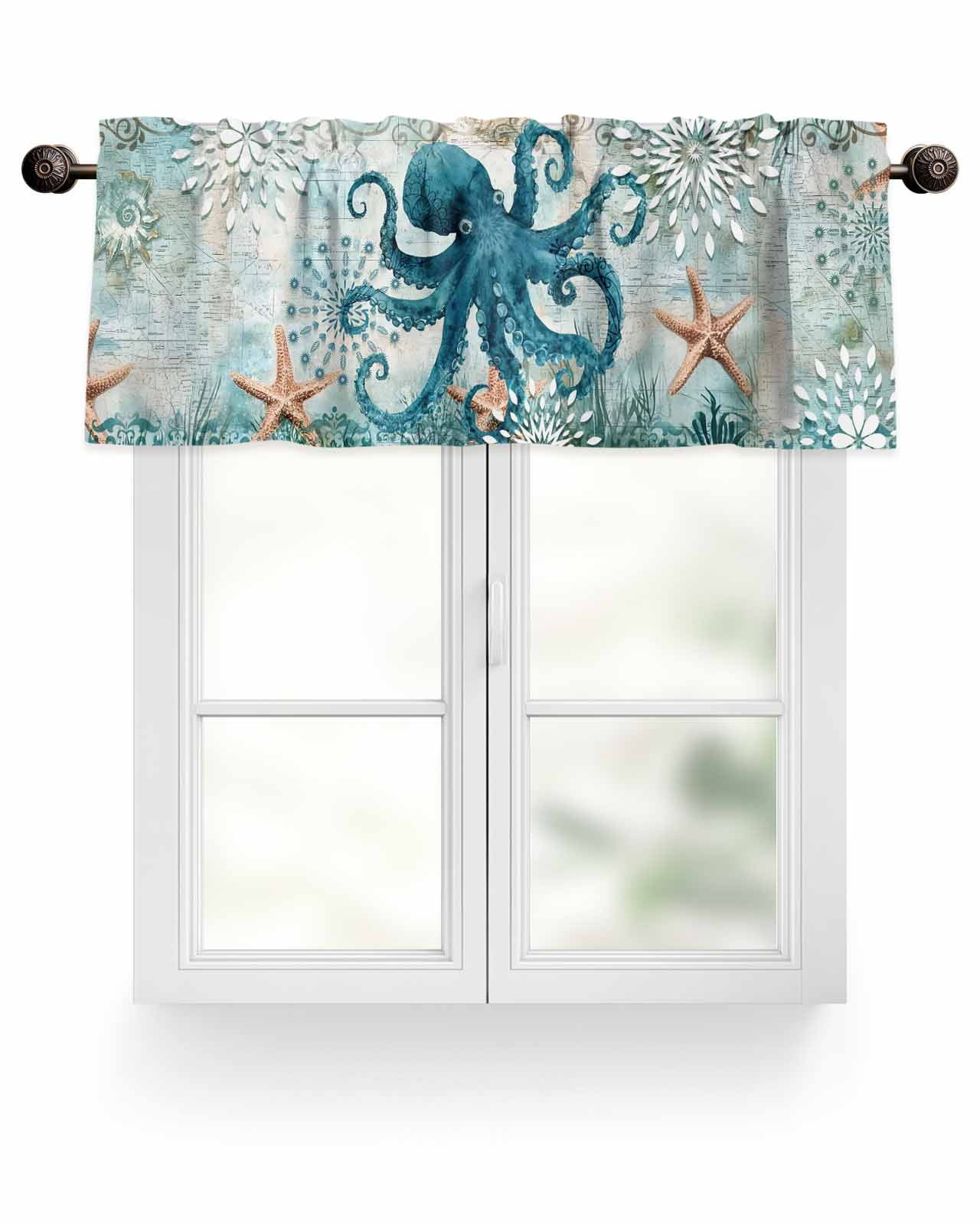 Window Valance for Kitchen, Octopus Sea Monster Starfish Coral Rod ...