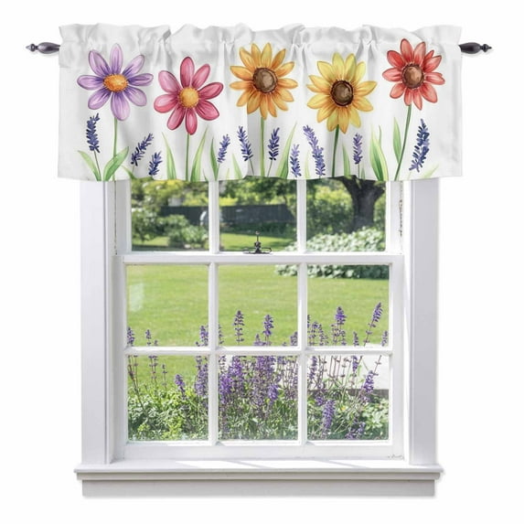 Window Valance for Kitchen, Purple Lavender Colorful Sunflower Rod Pocket Short Curtain for Small Windows, Light Filtering Decorative Valance, 60 x 14 Inch, 1 Panel