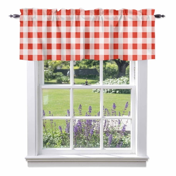 Window Valance for Kitchen, Red Gingham Check Rod Pocket Curtain Valances Short Curtains Drapes Panel, Gradient Buffalo Plaid Window Treatment Topper for Living Room Bathroom Bedroom 42x12in