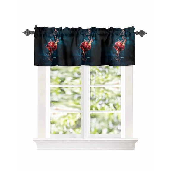 Window Valance for Kitchen,Red Rose Burn Fire on Black Rod Pocket Curtain Valances Short Curtains Drapes Panel,Vintage Flower Art Window Treatment Topper for Bedroom,42x12IN