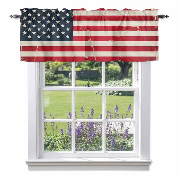Window Valance for Kitchen, Retro Independence Day Patriotic Flag Rod Pocket Curtain Valances Short Curtains Drapes Panel, Stars Stripes Freedom Window Treatment Topper for Bathroom Bedroom 42x12in
