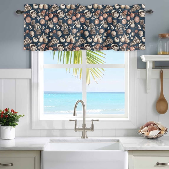 Window Valance for Kitchen,Retro Ocean Starfish Conch Shell on Blue Rod Pocket Curtain Valances Short Curtains Drapes Panel,Summer Creature Window Treatment Topper for Living Room Bathroom Bedroom