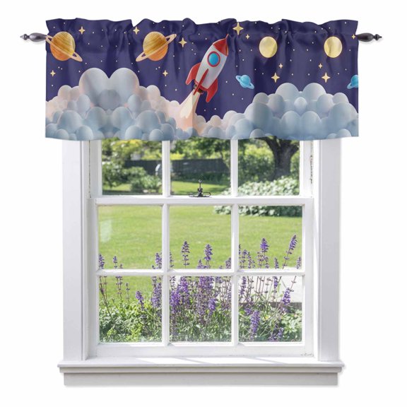 Window Valance for Kitchen, Rocket Space Universe Planet Rod Pocket Curtain Valances Short Curtains Drapes Panel, Night Star Cartoon Style Window Treatment Topper for Bathroom Bedroom 42x12in