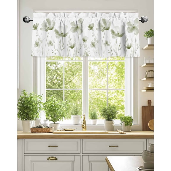 Window Valance for Kitchen, Sage Green Flower on White Rod Pocket Curtain Valances Short Curtains Drapes Panel, Still Life Floral Window Treatment Topper for Living Room Bathroom Bedroom 60x18in